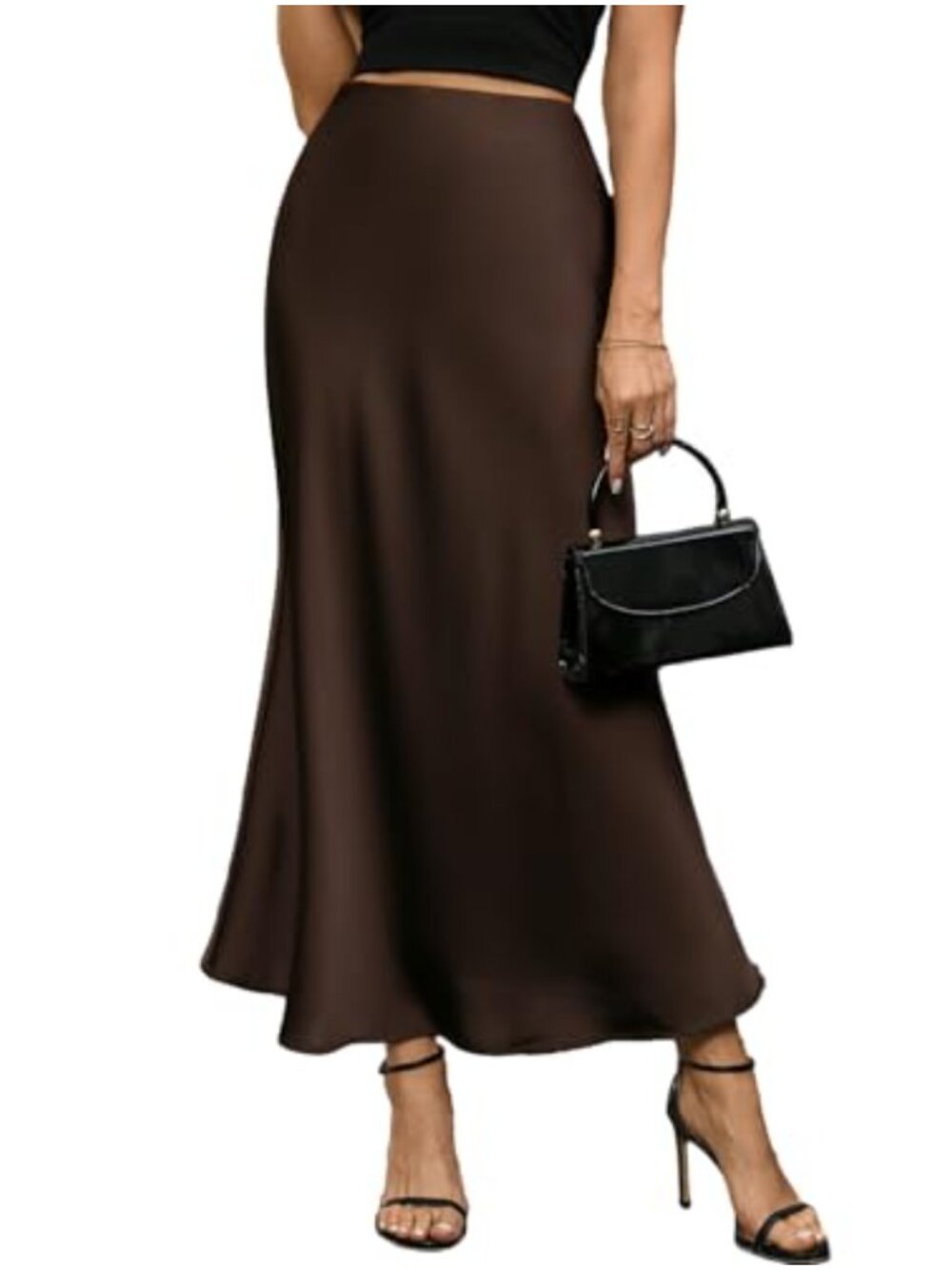 Women's Satin High Waist A-Line Maxi Skirt with Hidden Zipper Wave Hem